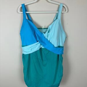 Lands End Tankini Top Size 24W Blue Colorblock Tummy Control Swim Retro Resort